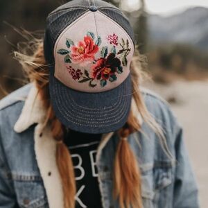 Floral Cross-stitch Style Trucker Hat with Blue Jean Brim